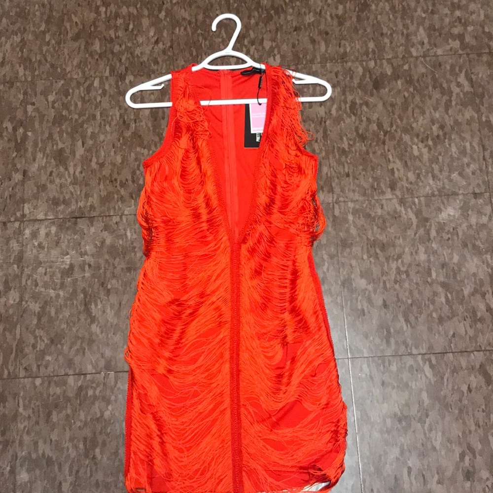 Red V Neck Tassle mini dress pretty little thing